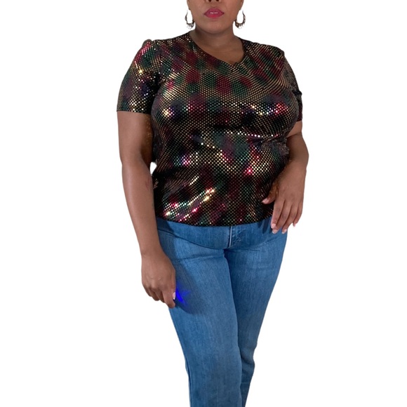 Sold! Kathie Lee Collection vintage black with rainbow sequins shirt sz XL - Picture 2 of 6